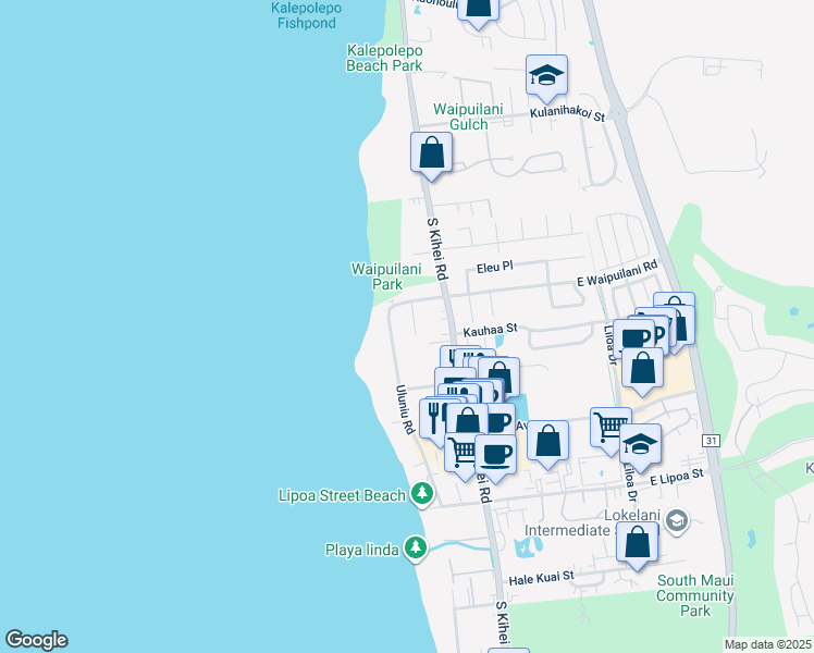 map of restaurants, bars, coffee shops, grocery stores, and more near 1092 Ewa Place in Kihei