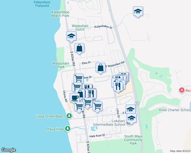 map of restaurants, bars, coffee shops, grocery stores, and more near 105 Kauhaa Street in Kihei