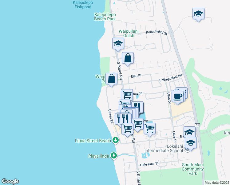 map of restaurants, bars, coffee shops, grocery stores, and more near 1091 Ewa Place in Kihei