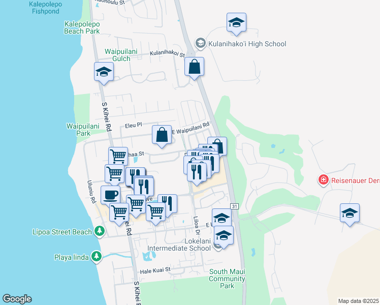 map of restaurants, bars, coffee shops, grocery stores, and more near 214 Kauhaa Street in Kihei
