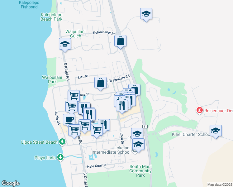 map of restaurants, bars, coffee shops, grocery stores, and more near 208 Kauhaa Street in Kihei