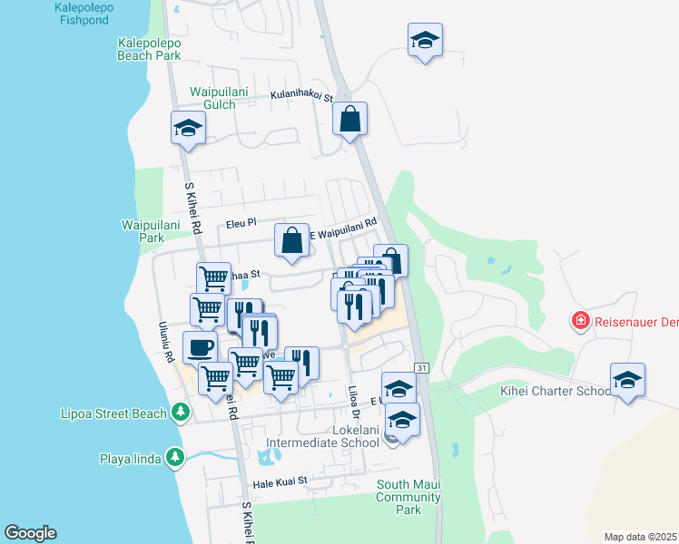 map of restaurants, bars, coffee shops, grocery stores, and more near 208 Kauhaa Street in Kihei