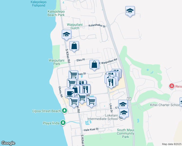 map of restaurants, bars, coffee shops, grocery stores, and more near 119 Kauhaa Street in Kihei