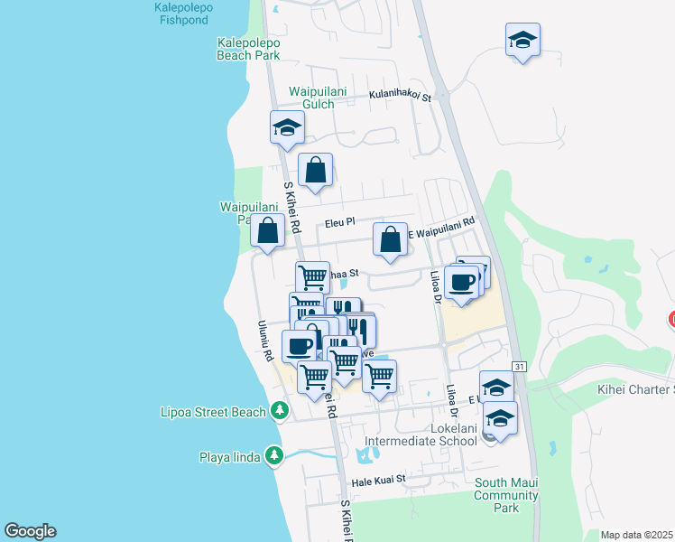 map of restaurants, bars, coffee shops, grocery stores, and more near 42 Kaikane Place in Kihei