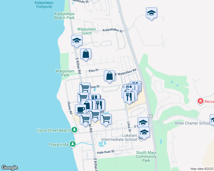 map of restaurants, bars, coffee shops, grocery stores, and more near 127 Kauhaa Street in Kihei