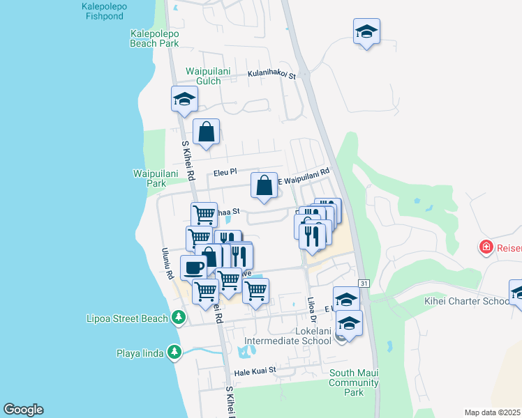 map of restaurants, bars, coffee shops, grocery stores, and more near 131 Kauhaa Street in Kihei