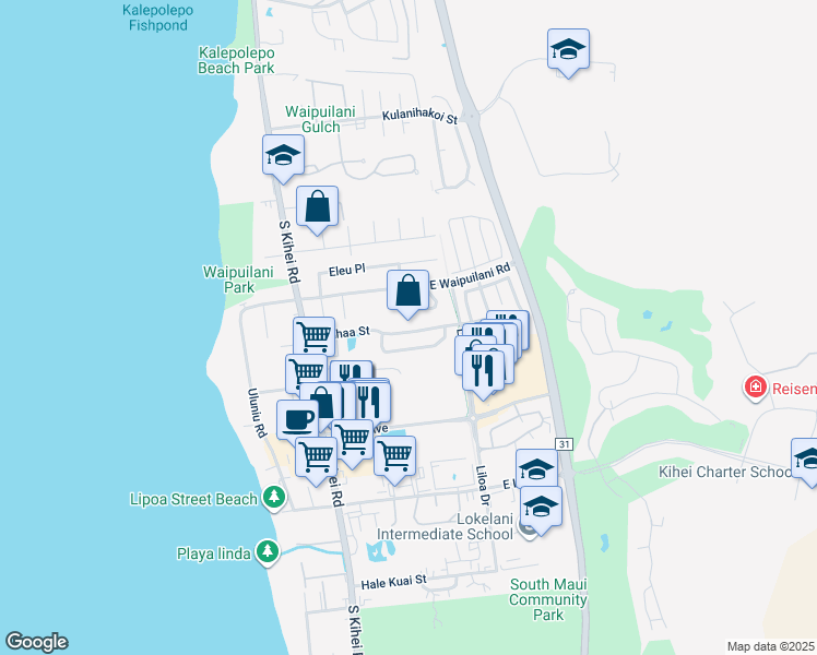 map of restaurants, bars, coffee shops, grocery stores, and more near 139 Kauhaa Street in Kihei