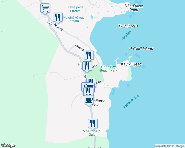map of restaurants, bars, coffee shops, grocery stores, and more near 5031 Hana Highway in Hana