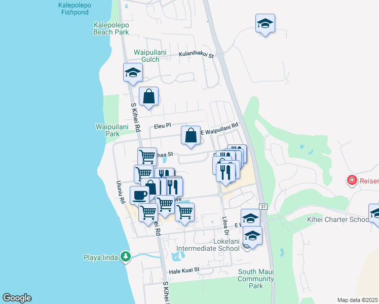 map of restaurants, bars, coffee shops, grocery stores, and more near 135 Kauhaa Street in Kihei