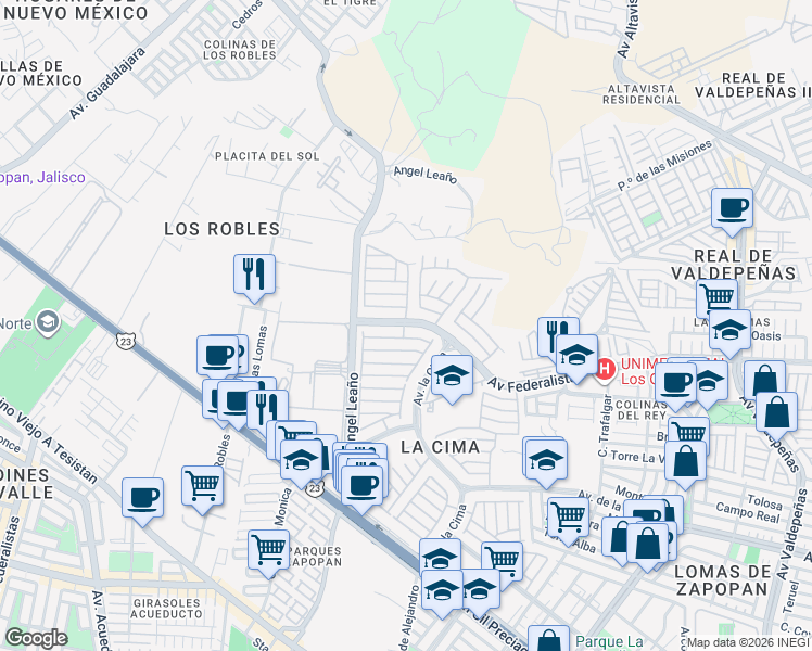 map of restaurants, bars, coffee shops, grocery stores, and more near 2133 Avenida Federalistas in Zapopan