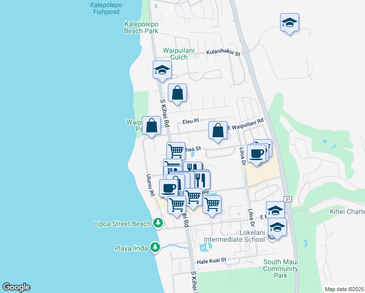 map of restaurants, bars, coffee shops, grocery stores, and more near 26 East Waipuilani Road in Kihei