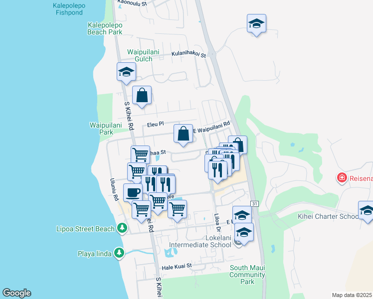 map of restaurants, bars, coffee shops, grocery stores, and more near 147 Kauhaa Street in Kihei