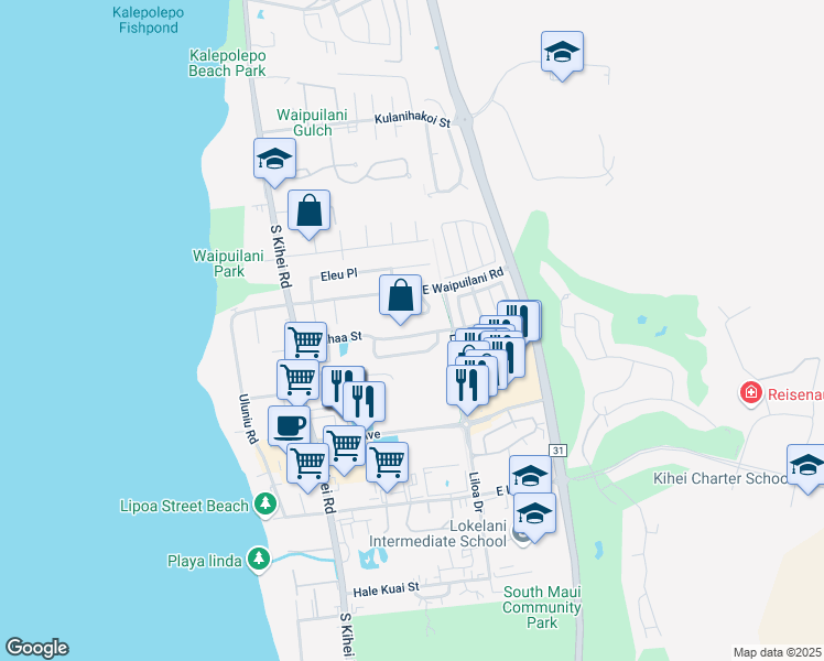map of restaurants, bars, coffee shops, grocery stores, and more near 151 Kauhaa Street in Kihei