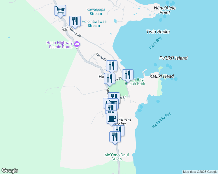 map of restaurants, bars, coffee shops, grocery stores, and more near 5031 Hana Highway in Hana
