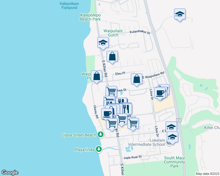 map of restaurants, bars, coffee shops, grocery stores, and more near 1093 South Kihei Road in Kihei