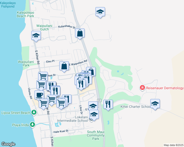 map of restaurants, bars, coffee shops, grocery stores, and more near 134 Luakaha Circle in Kihei
