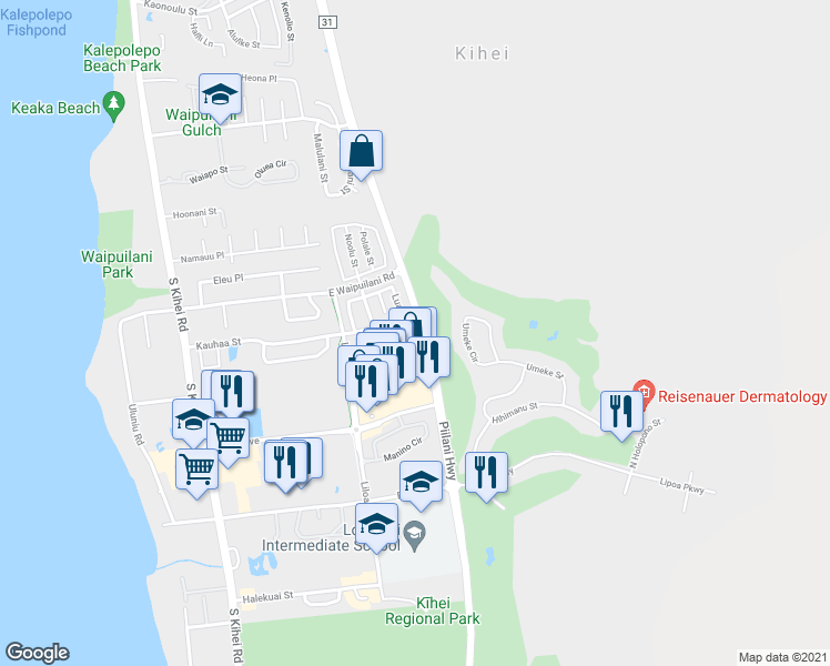 map of restaurants, bars, coffee shops, grocery stores, and more near 134 Luakaha Circle in Kihei