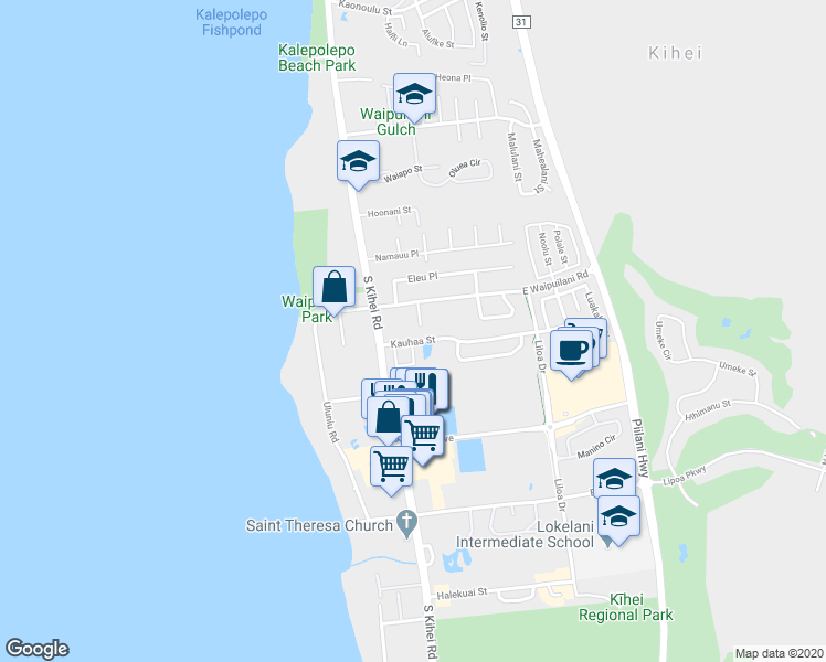 map of restaurants, bars, coffee shops, grocery stores, and more near 36 Kaikane Place in Kihei