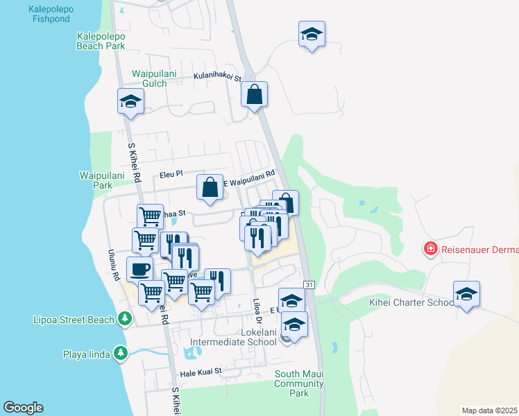 map of restaurants, bars, coffee shops, grocery stores, and more near 64 Luakaha Circle in Kihei