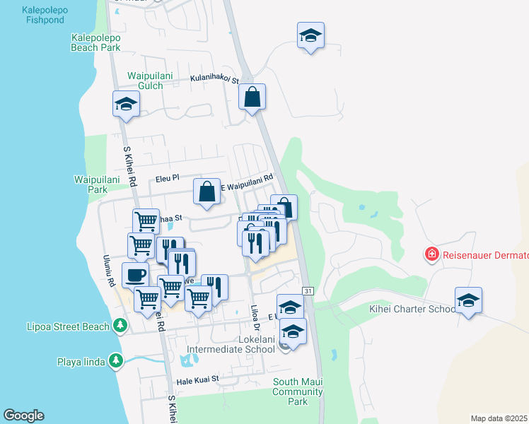 map of restaurants, bars, coffee shops, grocery stores, and more near 67 Luakaha Circle in Kihei