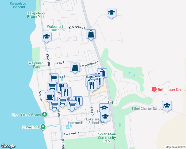 map of restaurants, bars, coffee shops, grocery stores, and more near 64 Luakaha Circle in Kihei