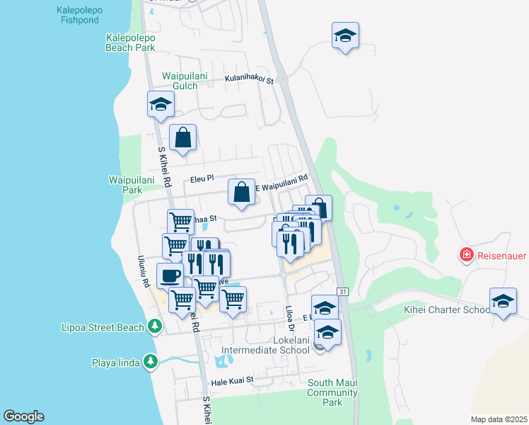 map of restaurants, bars, coffee shops, grocery stores, and more near 185 Kauhaa Street in Kihei