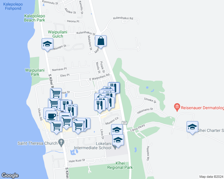 map of restaurants, bars, coffee shops, grocery stores, and more near 141 Luakaha Circle in Kihei