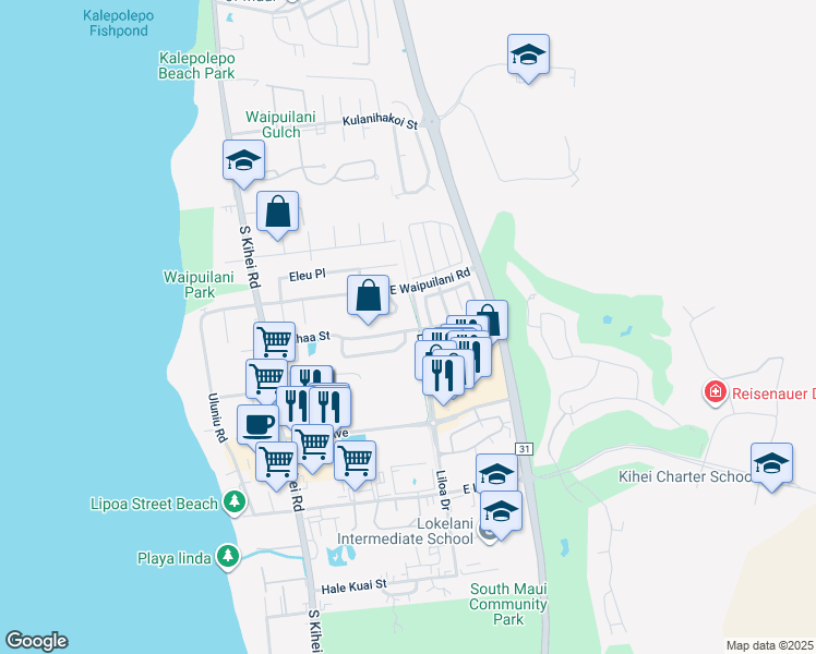 map of restaurants, bars, coffee shops, grocery stores, and more near 191 Kauhaa Street in Kihei