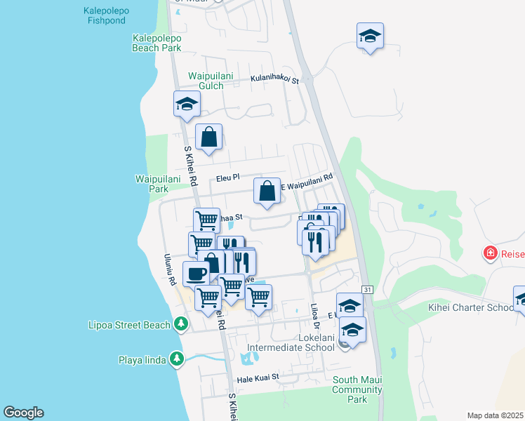 map of restaurants, bars, coffee shops, grocery stores, and more near 1085 Kahaapo Loop in Kihei