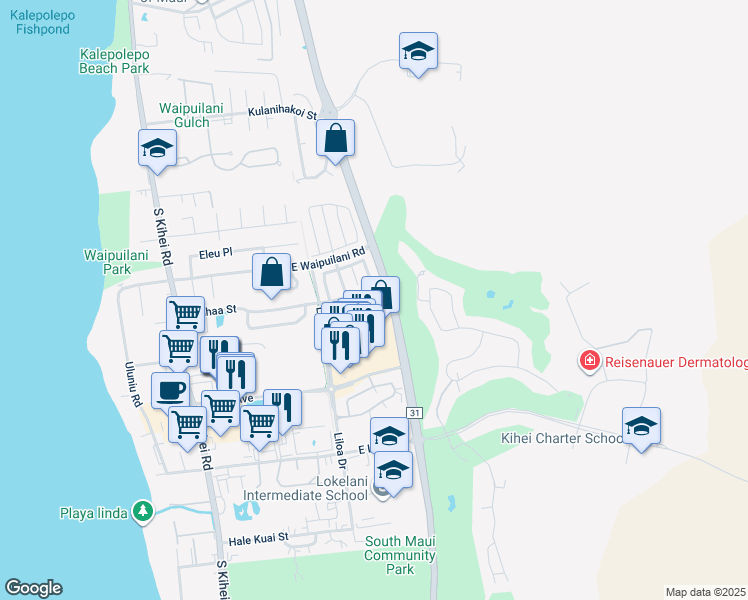 map of restaurants, bars, coffee shops, grocery stores, and more near 141 Luakaha Circle in Kihei