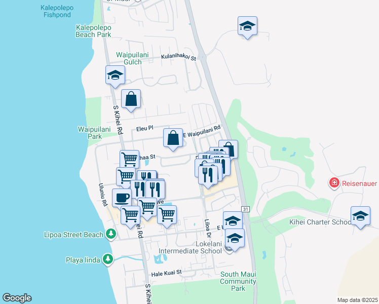 map of restaurants, bars, coffee shops, grocery stores, and more near 185 Kauhaa Street in Kihei