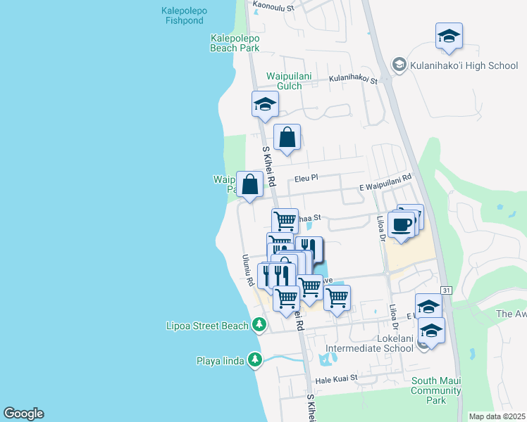 map of restaurants, bars, coffee shops, grocery stores, and more near West Waipuilani Road in Kihei