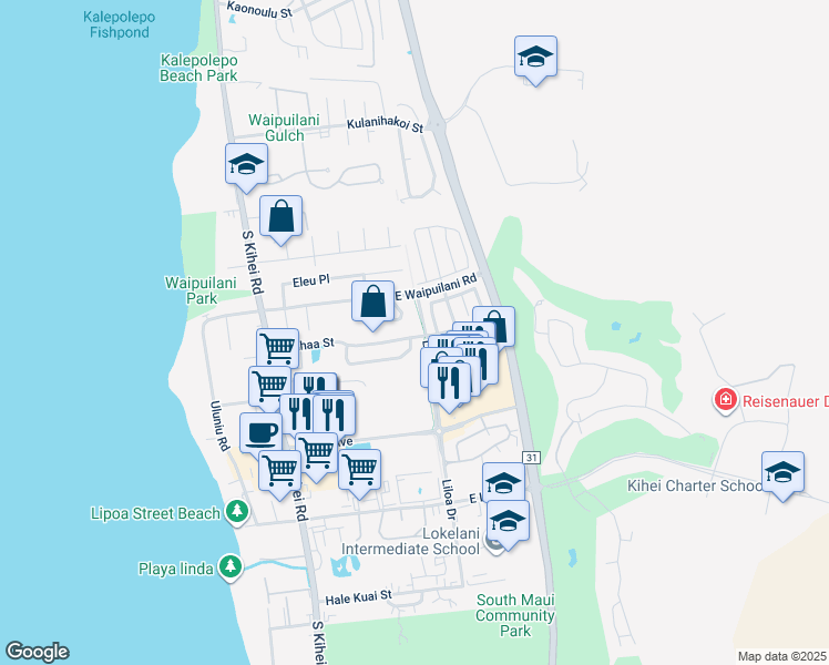 map of restaurants, bars, coffee shops, grocery stores, and more near 191 Kauhaa Street in Kihei