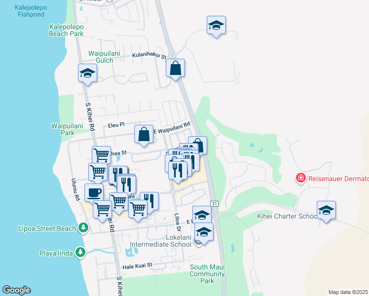 map of restaurants, bars, coffee shops, grocery stores, and more near 67 Luakaha Circle in Kihei