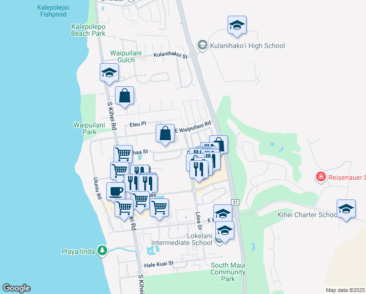 map of restaurants, bars, coffee shops, grocery stores, and more near 191 Kauhaa Street in Kihei