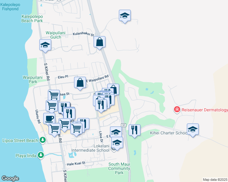 map of restaurants, bars, coffee shops, grocery stores, and more near 138 Luakaha Circle in Kihei