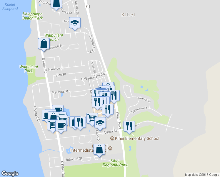 map of restaurants, bars, coffee shops, grocery stores, and more near 138 Luakaha Circle in Kihei
