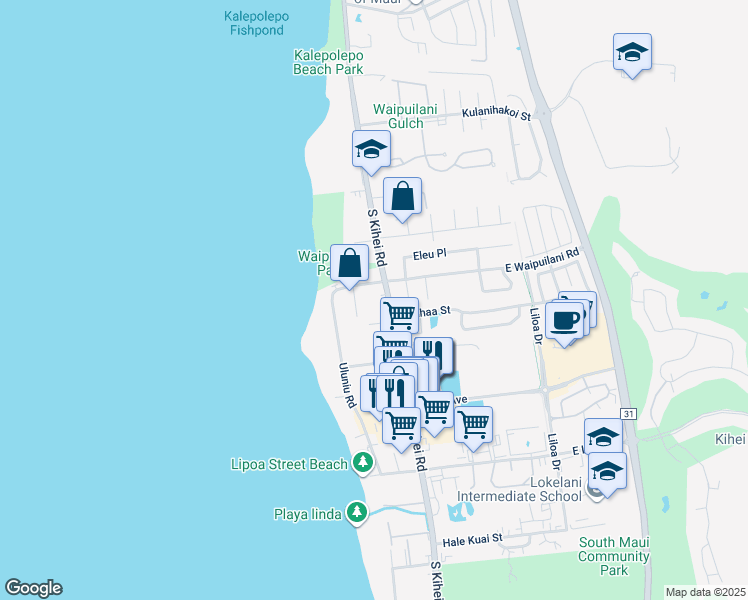 map of restaurants, bars, coffee shops, grocery stores, and more near 1084 South Kihei Road in Kihei