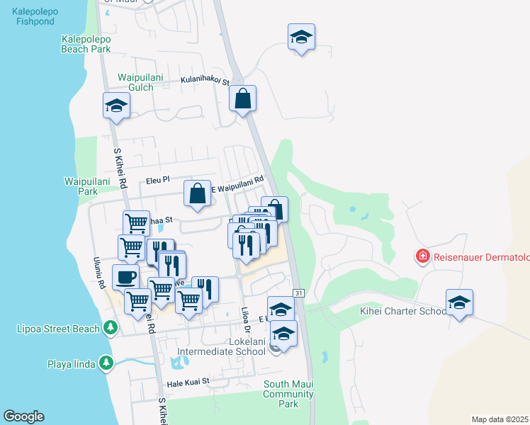 map of restaurants, bars, coffee shops, grocery stores, and more near 24 Waihili Place in Kihei