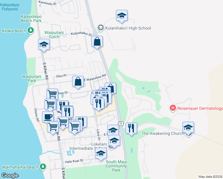 map of restaurants, bars, coffee shops, grocery stores, and more near 138 Luakaha Circle in Kihei