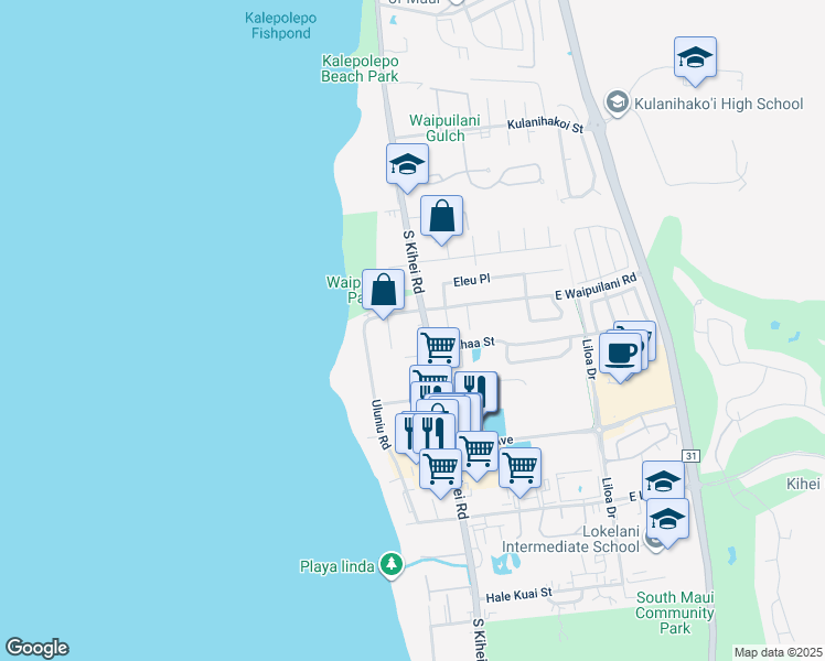 map of restaurants, bars, coffee shops, grocery stores, and more near 1088 South Kihei Road in Kihei