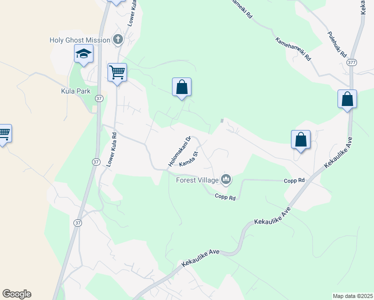 map of restaurants, bars, coffee shops, grocery stores, and more near 52 Holomakani Drive in Kula