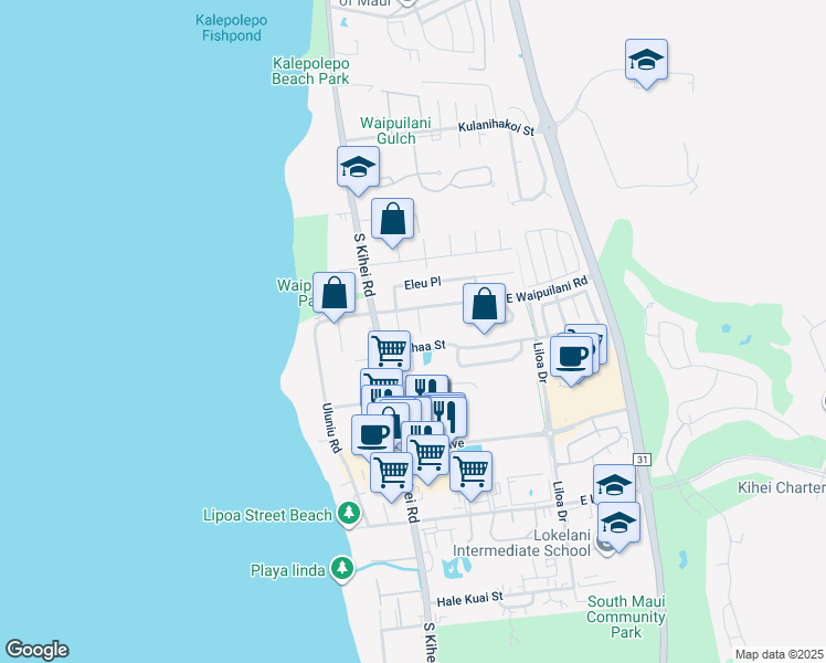 map of restaurants, bars, coffee shops, grocery stores, and more near 42 Kaikane Place in Kihei