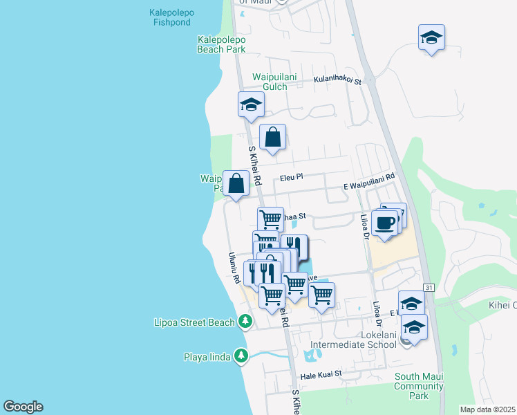 map of restaurants, bars, coffee shops, grocery stores, and more near 1084 South Kihei Road in Kihei