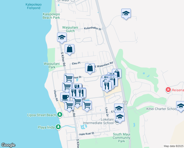 map of restaurants, bars, coffee shops, grocery stores, and more near 1103 Kahaapo Loop in Kihei