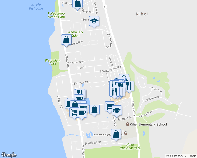 map of restaurants, bars, coffee shops, grocery stores, and more near 1103 Kahaapo Loop in Kihei