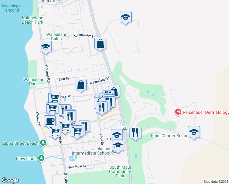 map of restaurants, bars, coffee shops, grocery stores, and more near 144 Luakaha Circle in Kihei