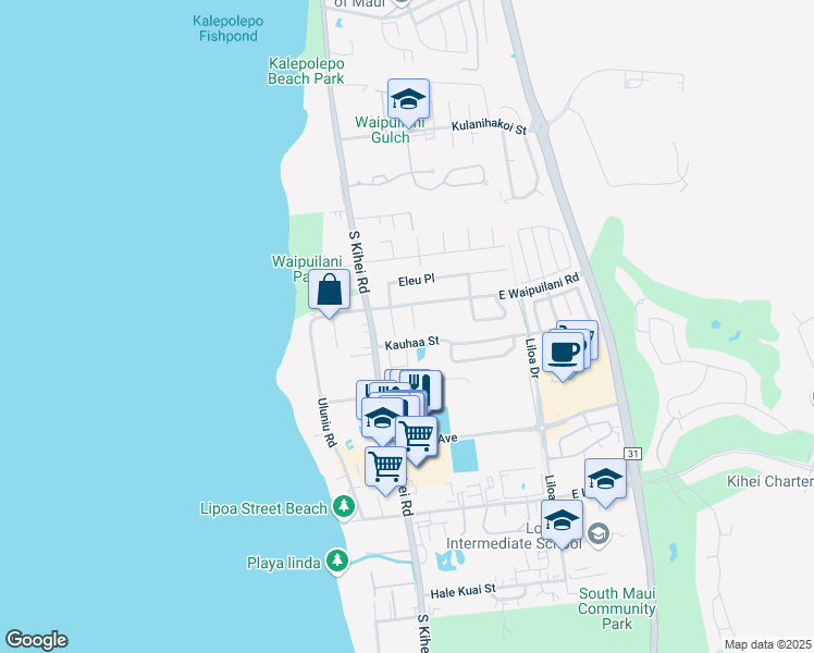map of restaurants, bars, coffee shops, grocery stores, and more near 42 Kaikane Place in Kihei