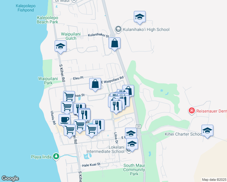 map of restaurants, bars, coffee shops, grocery stores, and more near 221 Kauhaa Street in Kihei