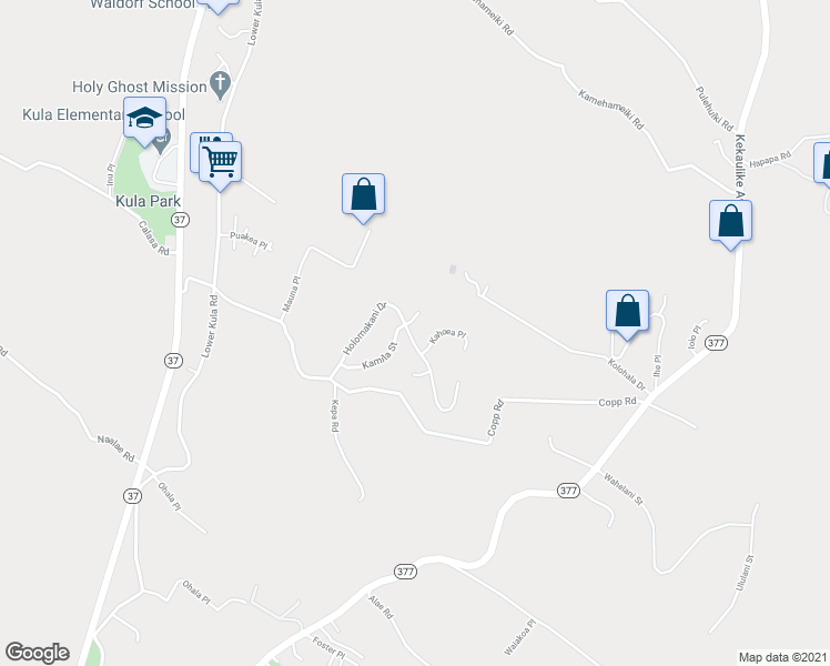 map of restaurants, bars, coffee shops, grocery stores, and more near 105 Holomakani Drive in Kula